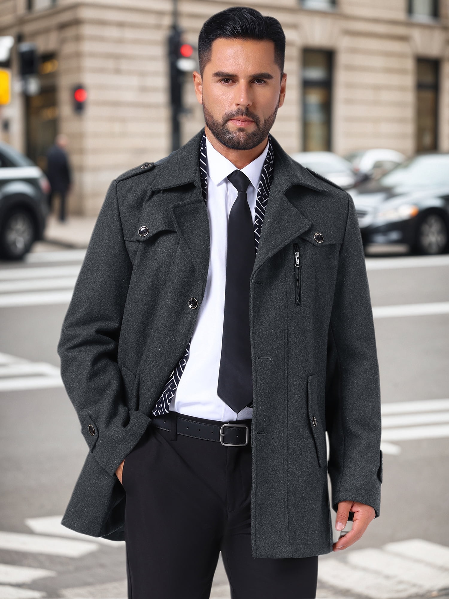 DARING DIVA Men's Mid-Length Overcoat Zipper Single Breasted Winter Coat S Gray