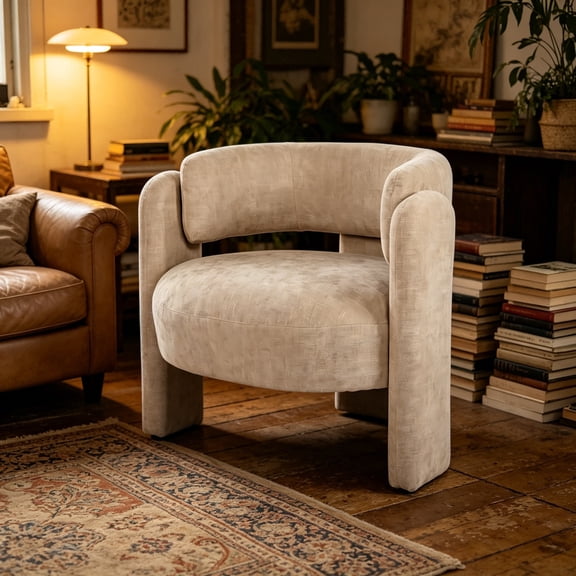 Peispie Modern Sculptural Accent Chair, Upholstered Hollow Back Barrel Armchair with Thick Block Legs, Comfy Curved Lounge Side Chair for Living Room Bedroom Office 250lbs, Beige