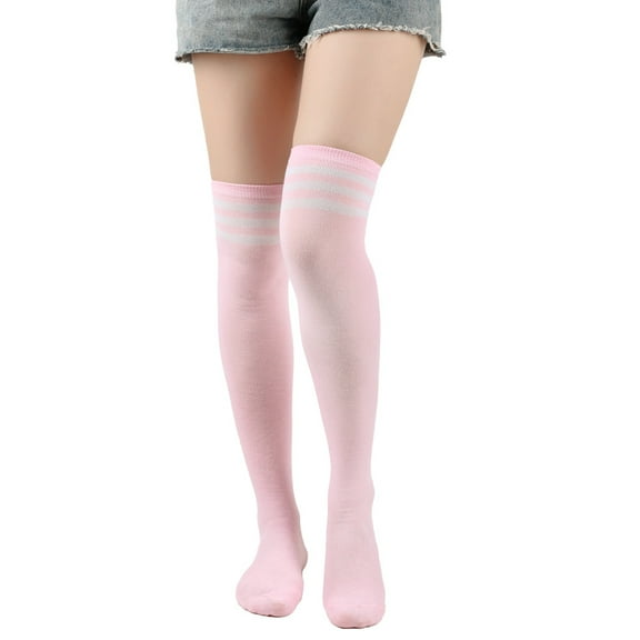 suxuMhao Knee High Socks, One Size Fits Most (Length 24in) Pink&White Polyester Stripes Long Socks, 3 Pairs Knee Socks – Suitable for Cheerleading team,Fall Daily Warmth & Outfit Matching​