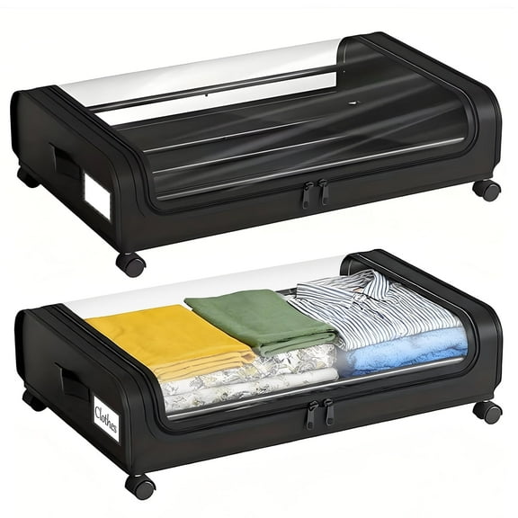 TAIMASI 2-Pack Under Bed Storage with Wheels, Under the Bed Storage Containers with Clear Lids & Label, Underbed Storage Bins for Clothes, Shoes - Black