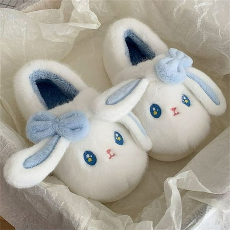 

QWZNDZGR Cute Long Ear Rabbi Slippers Women Winter Warm Home Shoes Wide Fit House Slipper Girls White Blue Bunny Booties Fluff Slipers