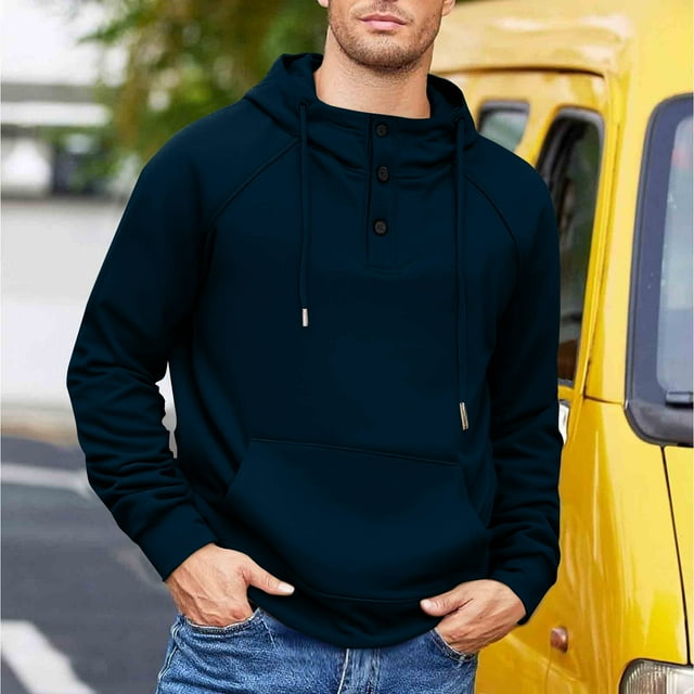 Dolkfu Sudadera de hombre con capucha de color sólido, con botones en la parte delantera y cordón, ropa de estilo urbano. XXL