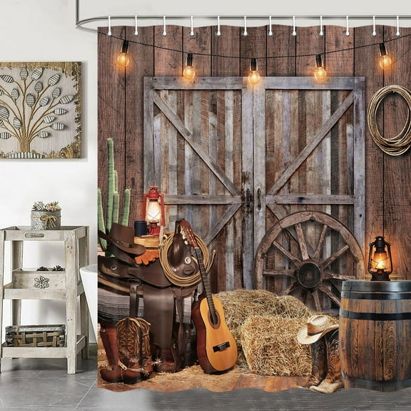 Rustic Barn Door Shower Curtain Set, Western Cowboy Shower Curtains, Farmhouse Country Cactus Shower Curtains for Bathroom, Farm Wooden Vintage Fabric Bathtub Decor Accessories with Hooks,70X72IN