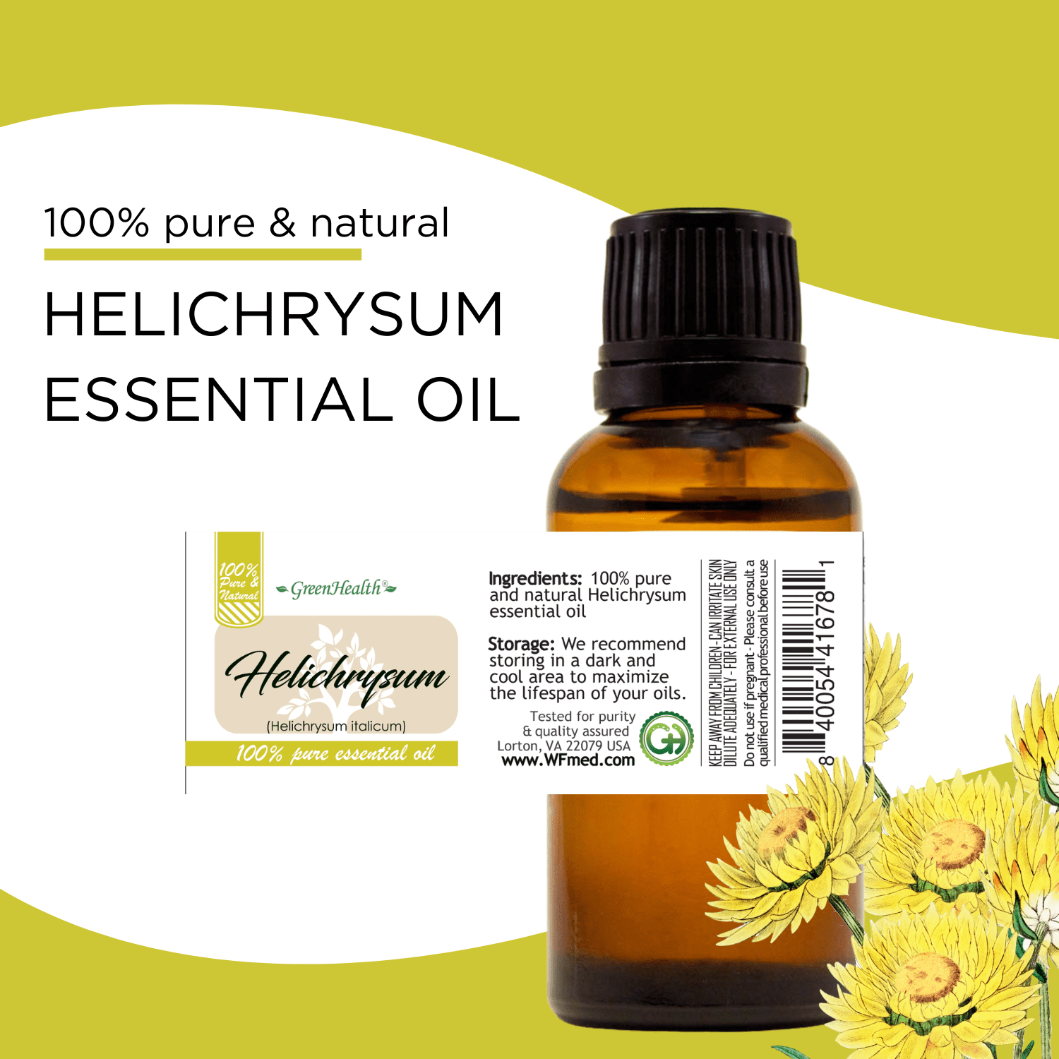 GreenHealth Helichrysum Essential Oil – 1 fl oz | 100% Pure & Natural | Amber Glass Bottle w/ Euro Dropper | for Aromatherapy, Perfect for Diffusing, Massage Oils, Blending