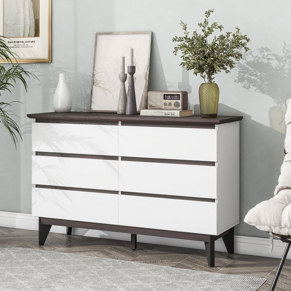 HICOMILA 6 Drawer Dresser for Bedroom, Modern White & Walnut Chest of Drawers, Closet Storage Cabinet Organizer Unit with Large Capacity Drawers