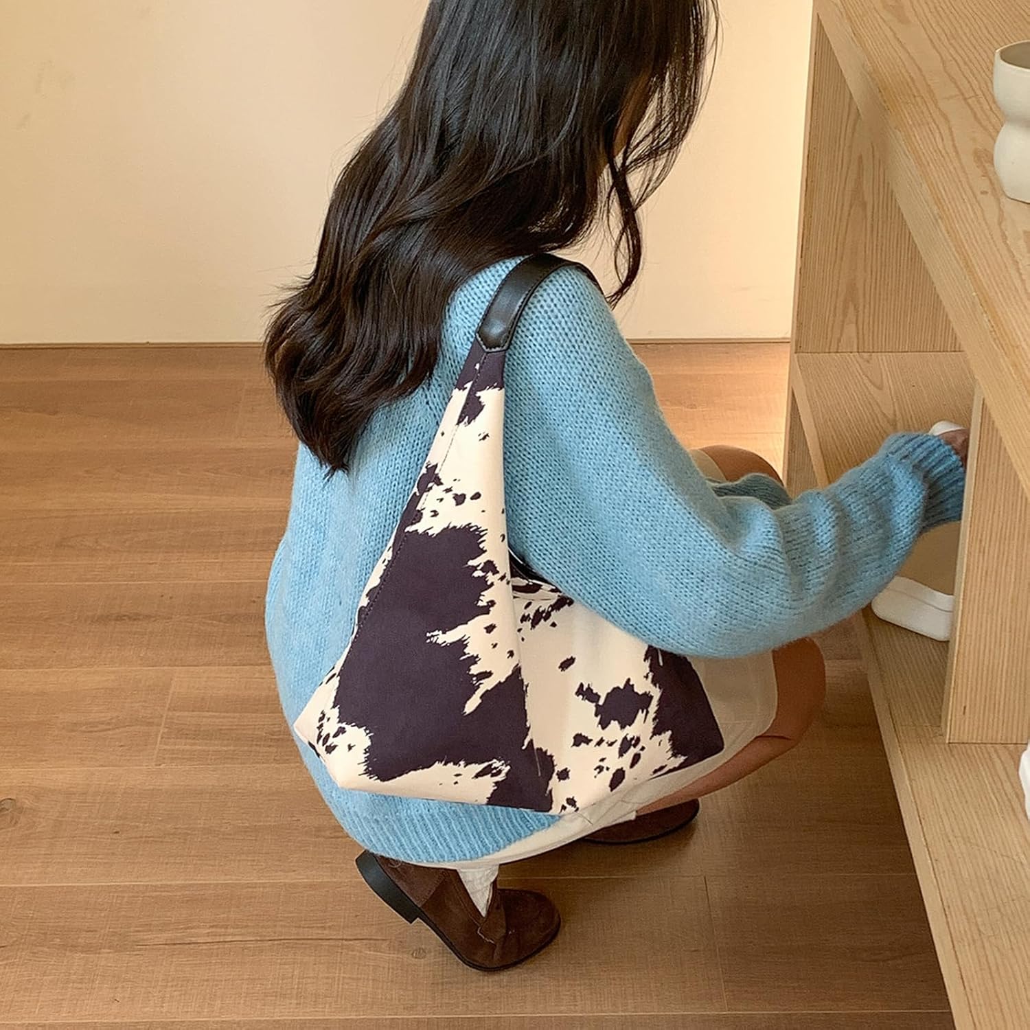 SPEKSEE Cow-Print Shoulder Bag for Women, Coquette Large Capacity Underarm Top handle Purse, Slouchy Hobo Tote Bag for Fall