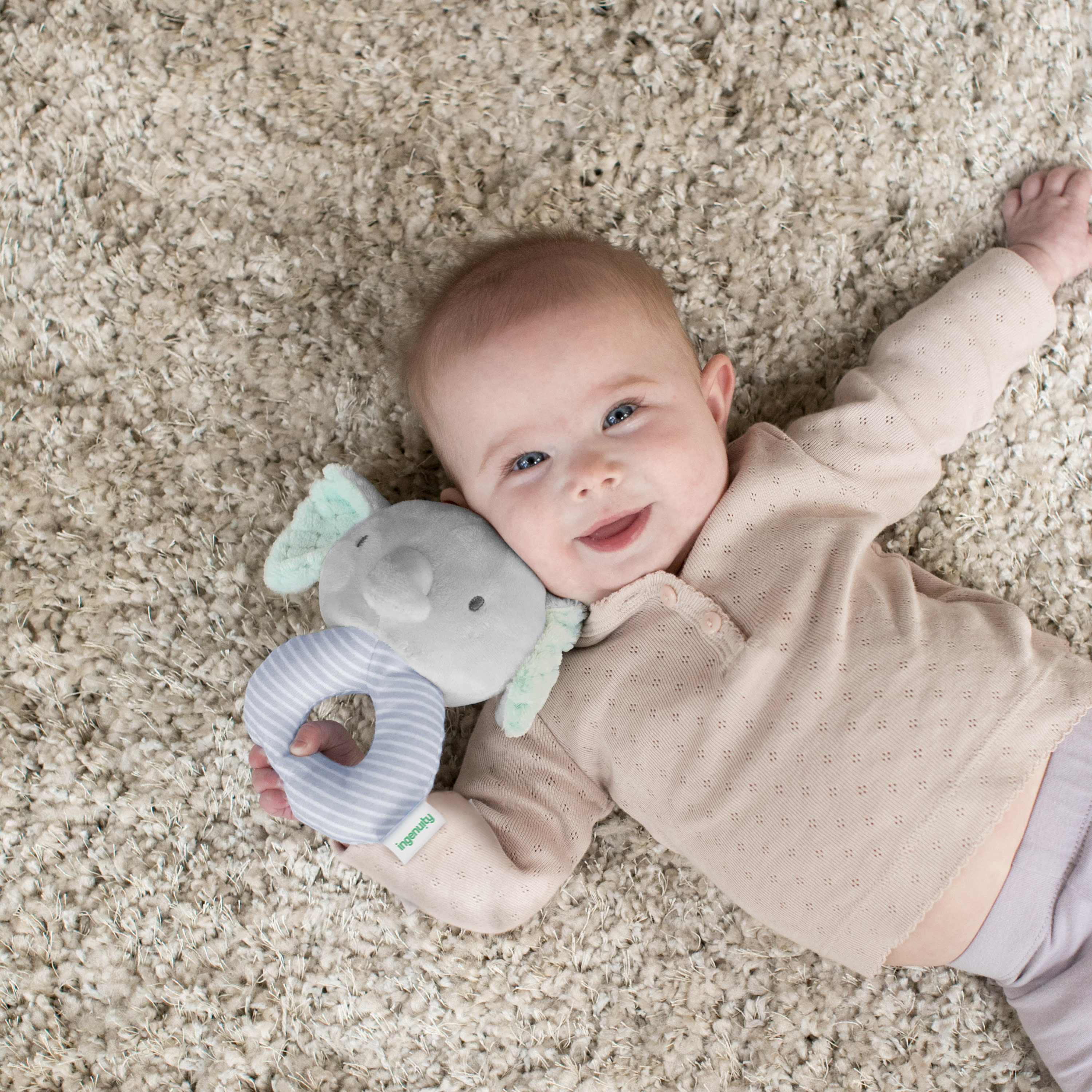 Ingenuity Premium Soft Plush Ring Rattle - Van the Elephant, Ages Newborn +