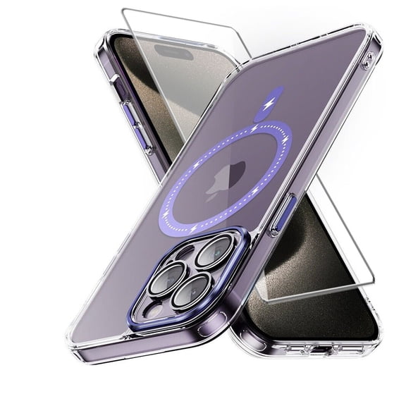 Xhy iPhone 15 Magnetic Case with Screen Protector Compatible with Magsafe Shockproof Non-Yellowing Crystal Clear Phone Case for iPhone 15 6.1 Inch Purple