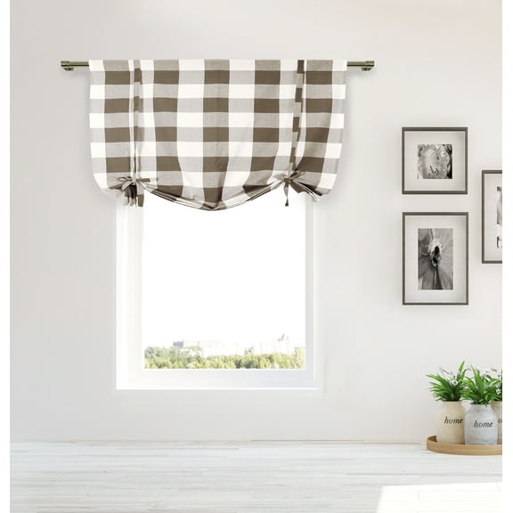Designer Home Plaid Gingham Checkered 100% Cotton Kitchen Window Curtain Tie-Up Shade (42" Wide x 63" Long), Silver