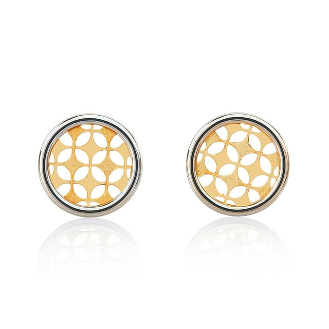 Aretes de oro 14k GIALLO Broquel Sello de Arlequin Oro amarillo mate y oro blanco brillante