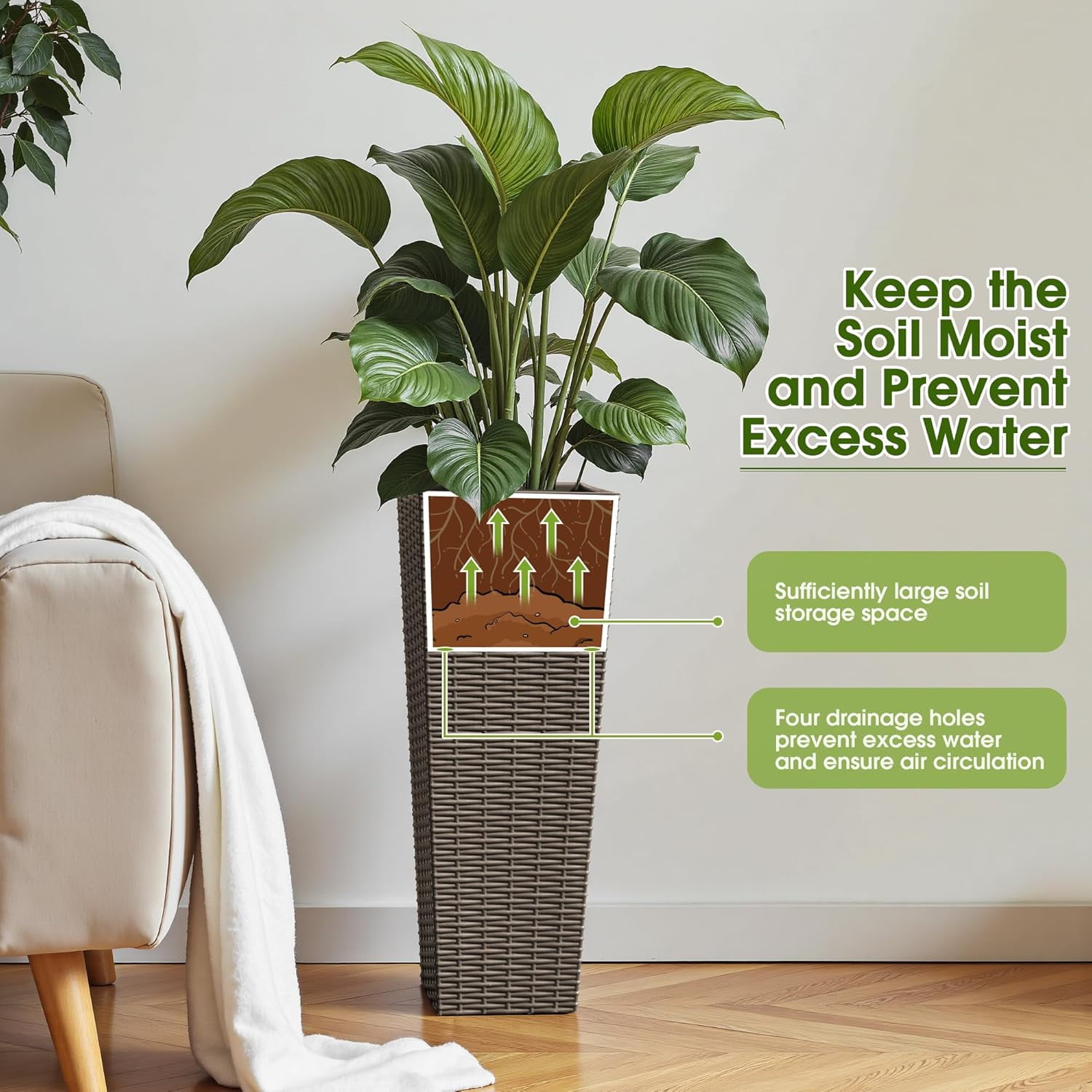 ZYPPP Resin Tall Planters for Outdoor Plants Set of 2, Large Taper Outdoor Planter Pots with 4 Drainage Holes, Flower Pots Modern Decor for Porch, Patio, Backyard, Home Garden (Brown, 24")