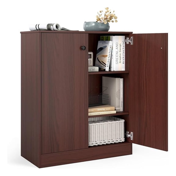 2 Door Storage Base Cabinet - Freestanding Floor Cabinet with 3-Tier Shelf, Non-Slip Foot Pads, Kitchen Cupboard Storage Organizer for Living Room, Hallway, Entryway, Office (Brown)
