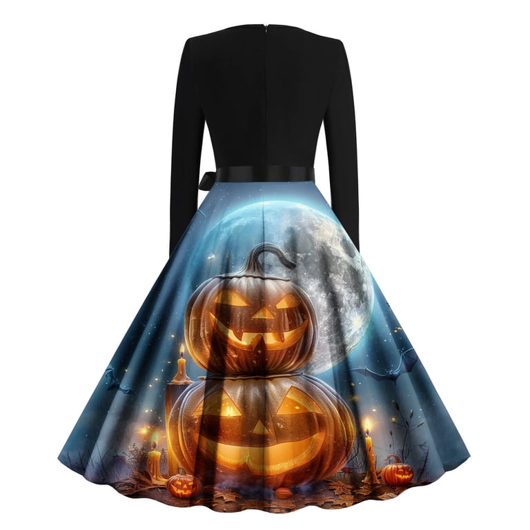Swiftwear Womens Long Sleeve Cocktail Swing Dress Skeleton Pumpkin Printed Halloween A-line Dresses Cosplay Party Costume, Women's, Size: Large