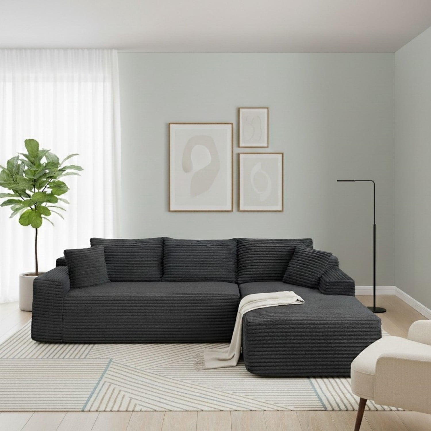 Aukfa 95" Modular Cloud Sectional Sofa, L-Shaped Couch with Right Facing Chaise, No Assembly Required Corduroy Deep Seat Sleeper Sofa for Living Room, Apartment, Black