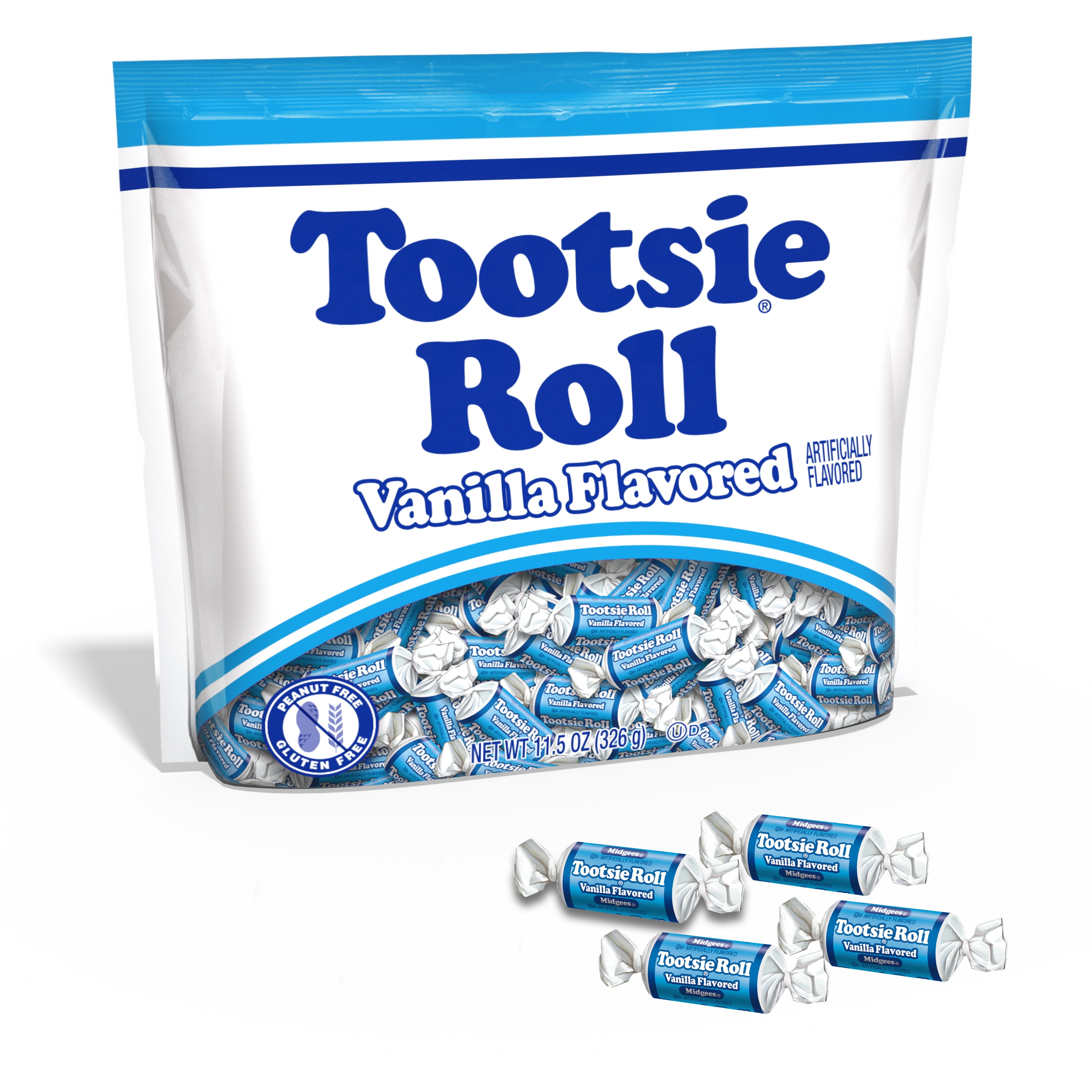 Tootsie Roll, Vanilla Midgees, 11.5 oz. Peanut Free, Gluten Free. Contains Milk and Soy.