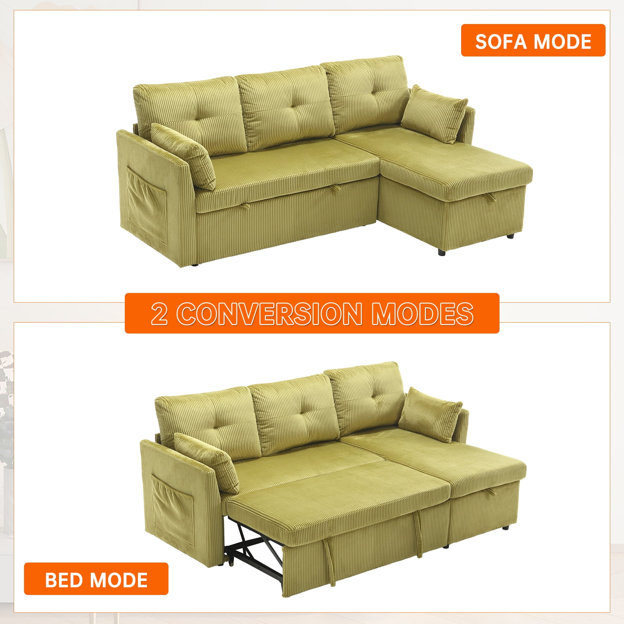 MOONMISS Corduroy Upholstered L-Shaped Storage Reversible Chaise Sectional Sofa with Side Pocket-Olive Green