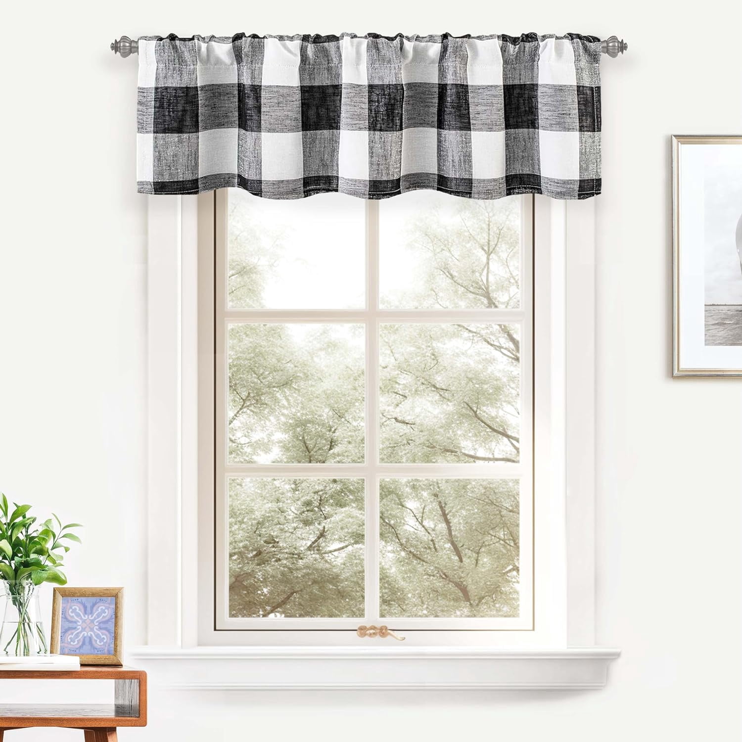 DriftAway  Buffalo Check Woven Plaid Pattern Lined Blackout Rod Pocket Window Curtain Valance Black 52" width x 14 " length