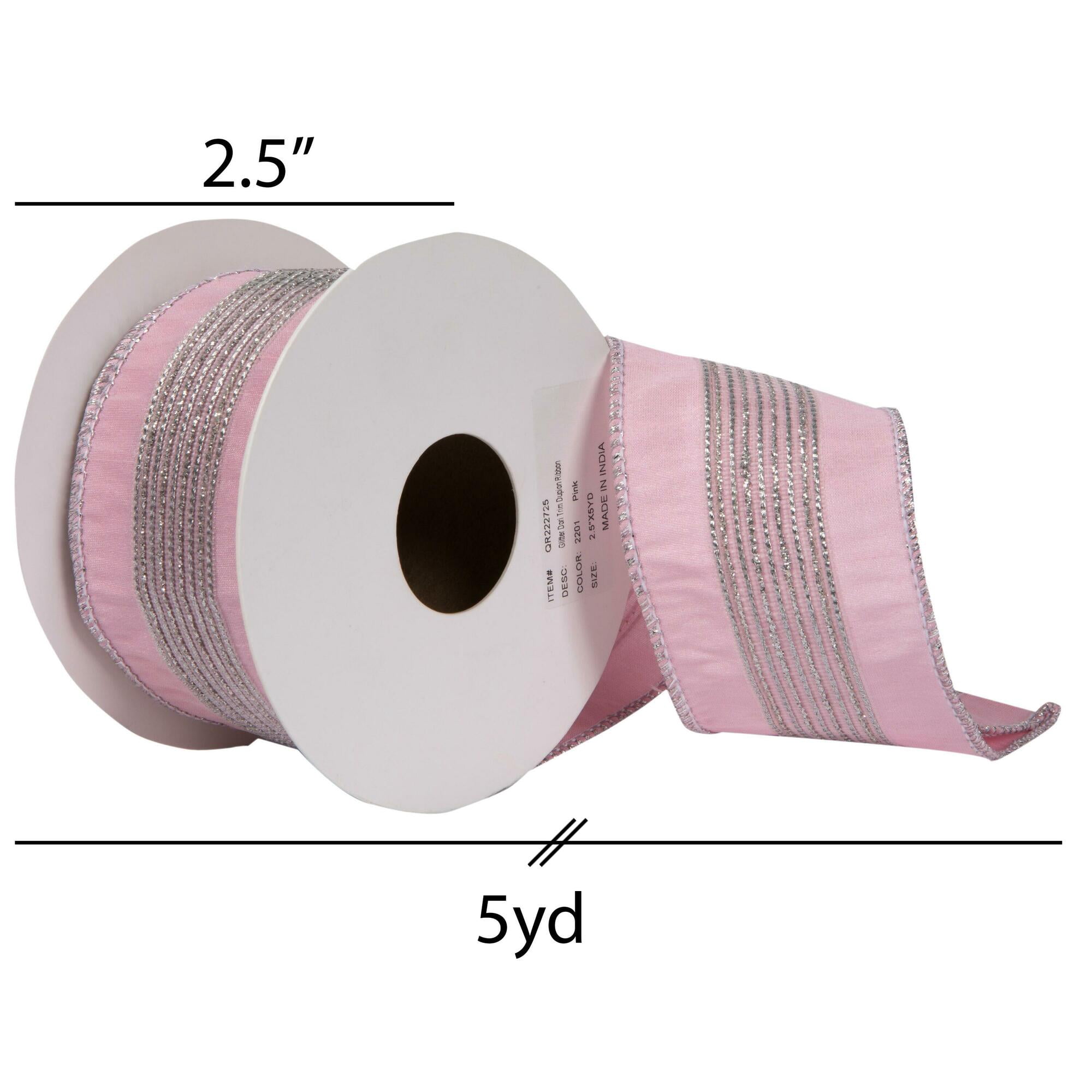 Vickerman 2.5" x 5 Yards Pink Glitter Dori Trim Dupion Ribbon.