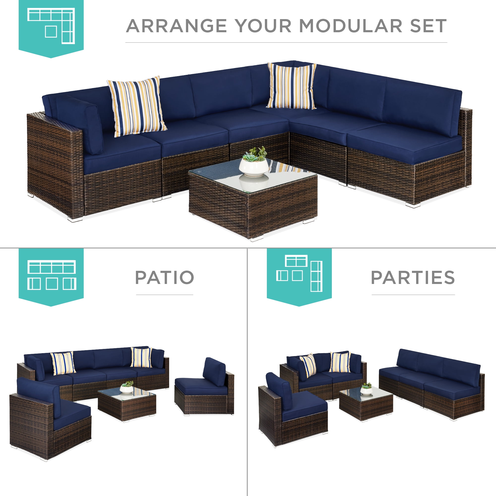 Best Choice Products 7-Piece Outdoor Modular Patio Conversation Furniture, Wicker Sectional Set - Brown/ Navy