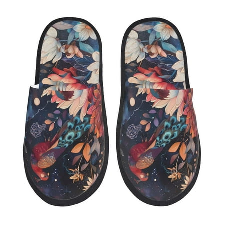 Balery Colorful Flower Peacock Slient Indoor Furry Fleece Comfort House Shoes Soft Non-Slip Home Shoes Cotton slippers House Slippers-- Medium