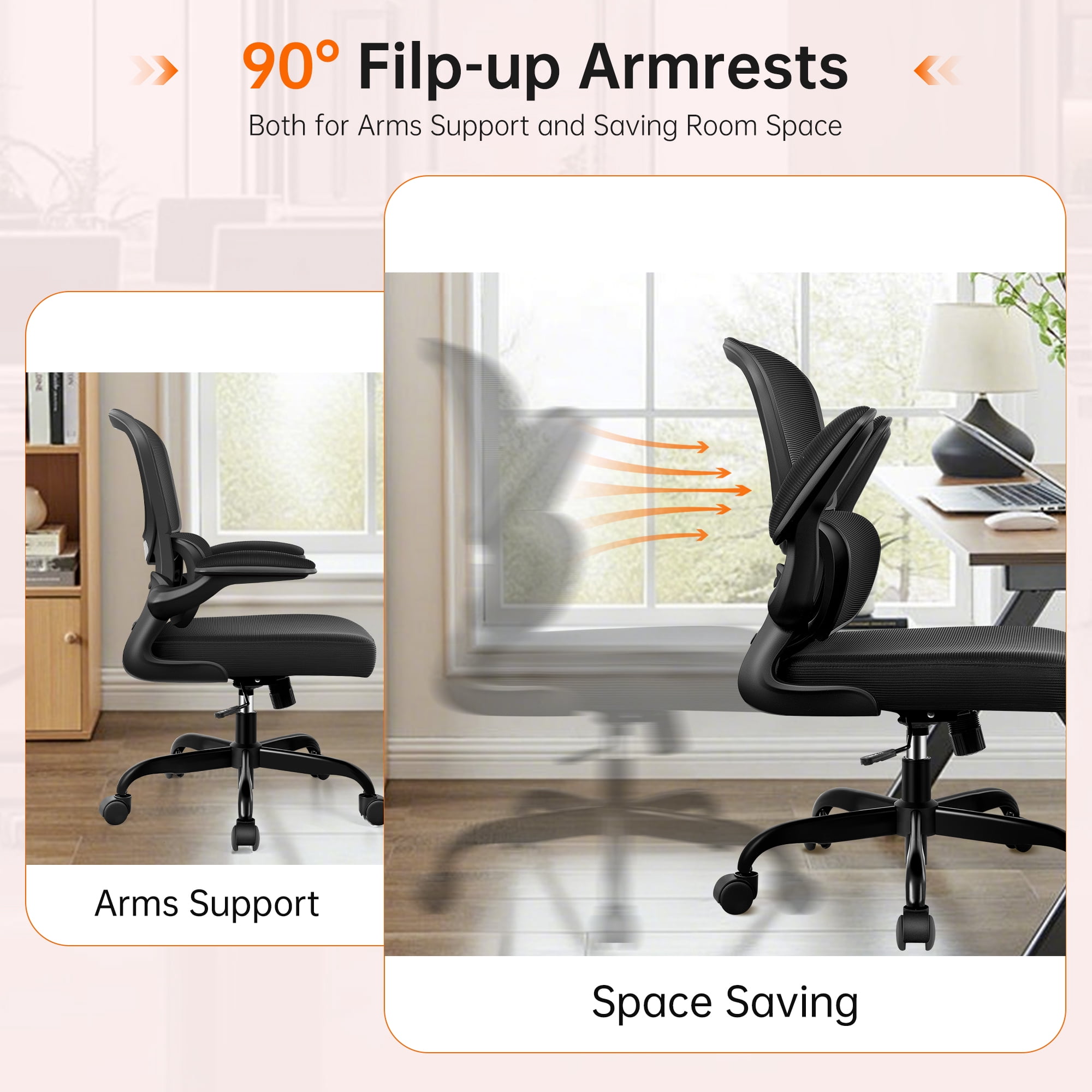 COOLHUT Office Chair, Ergonomic Desk Chair with Lumbar Support and Adjustable Armrests, Breathable Mesh Computer Gaming Chair, Reclining Task Chair for Home Office, Black