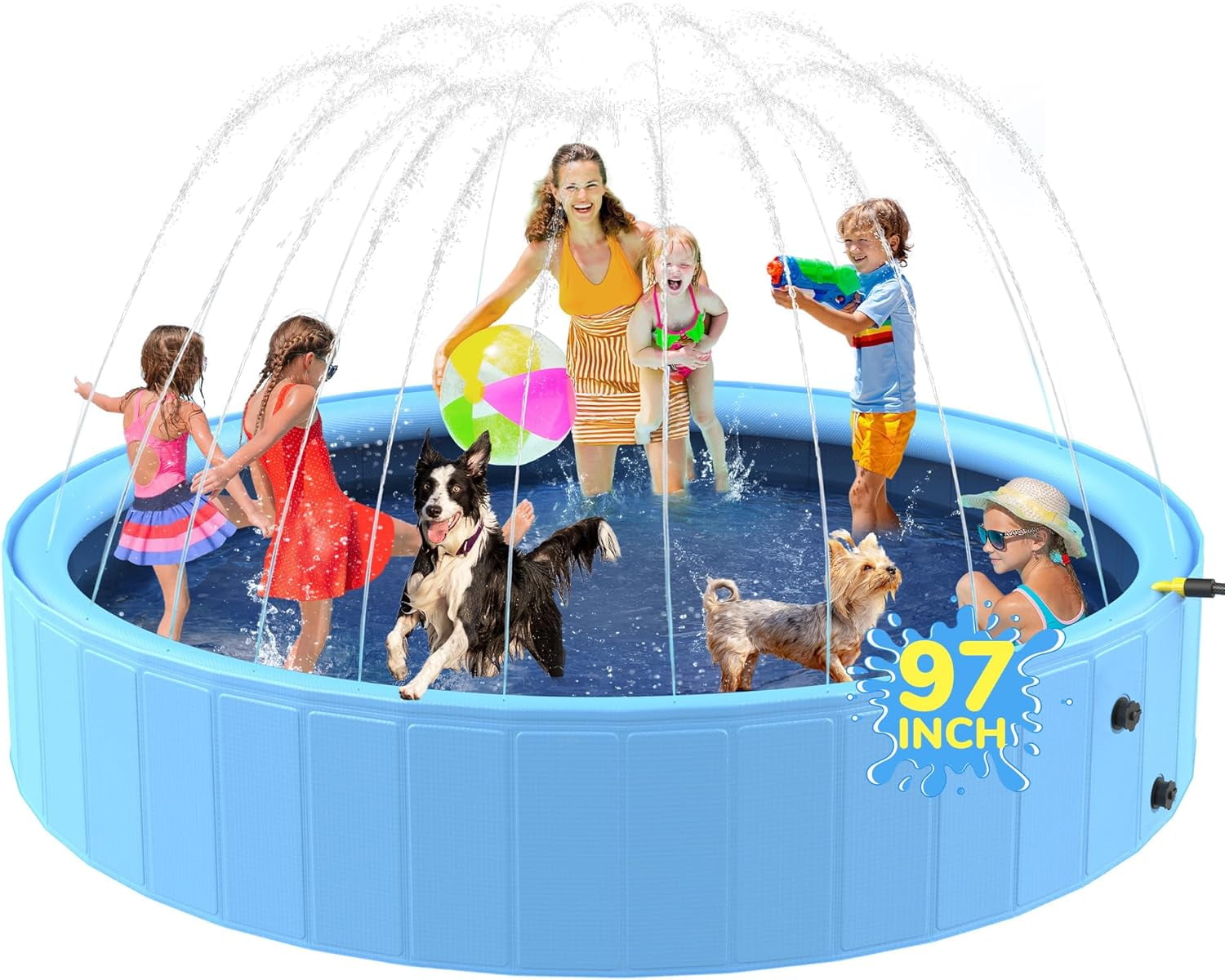 63'' Foldable Dog Pool, Sprinkler Pool for Kids, Non-Slip Heavy Duty Dogs Splash Pad for Small Dogs, Hard Plastic Kiddie Bathtubs for Backyard（2XL-162Gal）