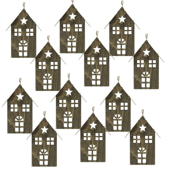 A&B Home Set of 12 Cut Out Wooden House Hanging Ornaments 4.5" x 0.4" x 6"