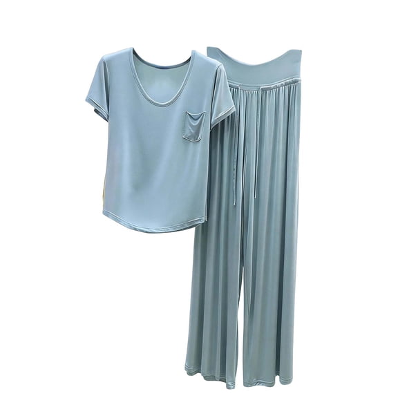 RQYYD Womens Soft Pajamas Set Short Sleeve Top with Wide Leg Pants Lightweight Breathable Loungewear Cozy Nightwear for Ladies