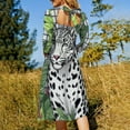 thumbnail image 5 of Snow Leopard Lush Tropical Foliage Women's 3/4 Sleeve Dresses Elegant A-Line Midi Dress Flare Summer Casual Sundress, 5 of 9