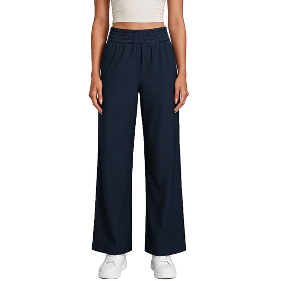 VEKDONE Womens Wide Leg Palazzo Pants Elastic Waist Loose Fit Long Pants Summer Casual Lightweight High Waist Straight Trousers with Pockets Navy M