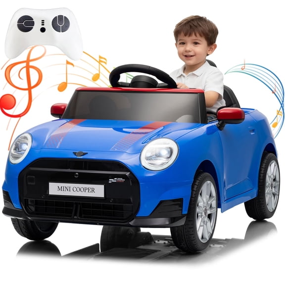 luxury car brand Mini Cooper Licensed 12V Electric Ride-On Car for Kids – 4.5Ah Rechargeable Battery, Parental Remote, LED Lights & Music – Gift Toy Vehicle for Boys & Girls Ages 3-8 – Blue