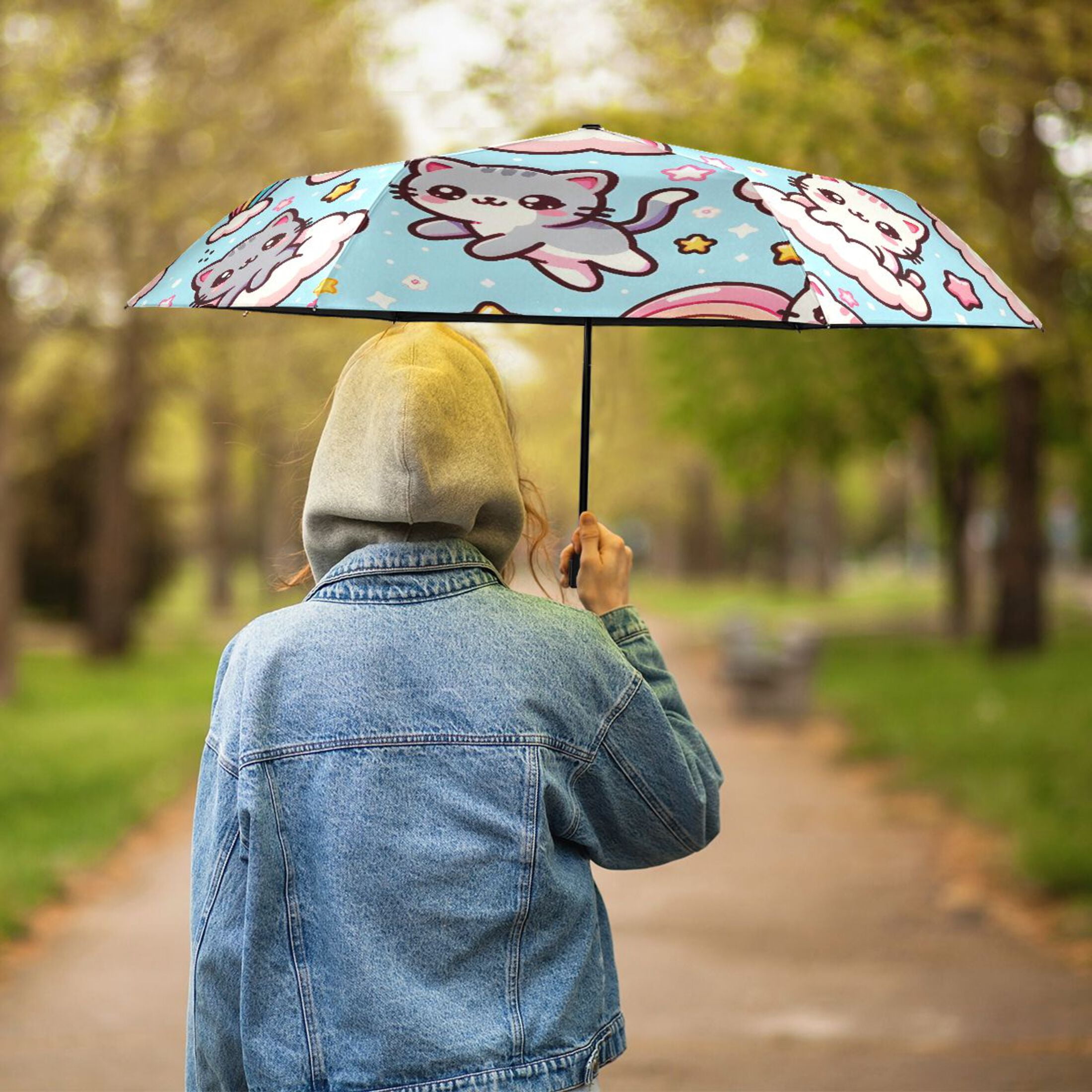 Cute Cats with Cloud Compact Sun Umbrella Windproof Travel Umbrellas for Rain Strong Portable UV Protection