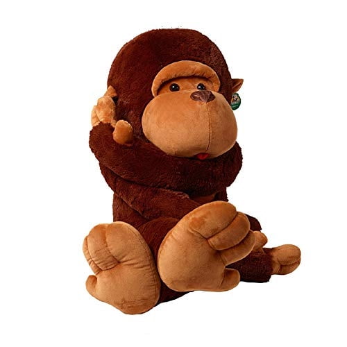 yunnasi mono grande peluche orangután peluche juguete suave gigante mono de peluche regalo juguete sentado en 3/4, pelaje marrón oscuro con rostro, manos y pies color camel, ojos y nariz cosidos, textura suave aterciopelada visible sobre fondo blanco; suele usarse también como cojín decorativo en habitaciones infantiles.