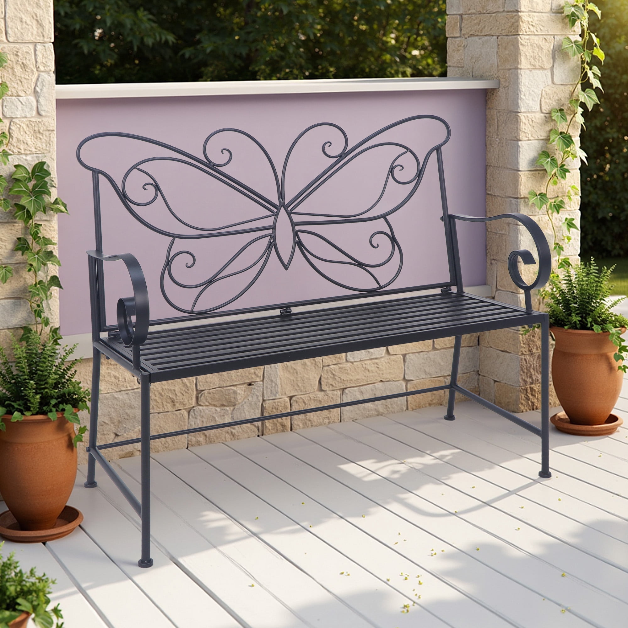 Abble 42" Outdoor Bench Metal Butterfly Design Patio Garden Bench for Porch Yard Lawn Patio Bench, Black