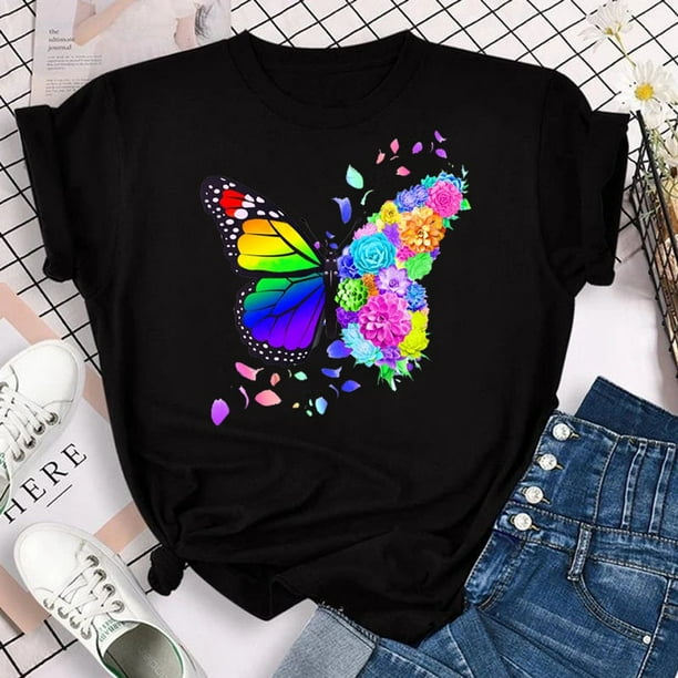 Nueva Camiseta De Mariposa Purpura Con Estampado De Petalos De Flores Para Mujer Manga Corta Cuello Redondo Casual Versatil Tops Ropa De Primavera Y Verano Bodega Aurrera en linea