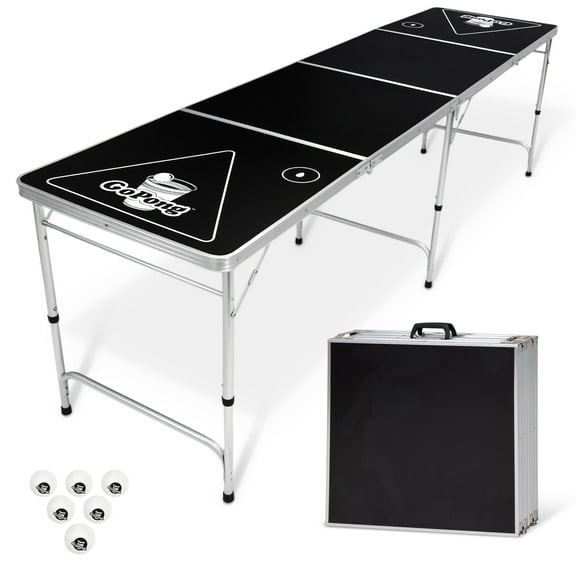 GoPong 8-Foot Portable Folding Beer Pong / Flip Cup Table (6 Balls Included) - Black