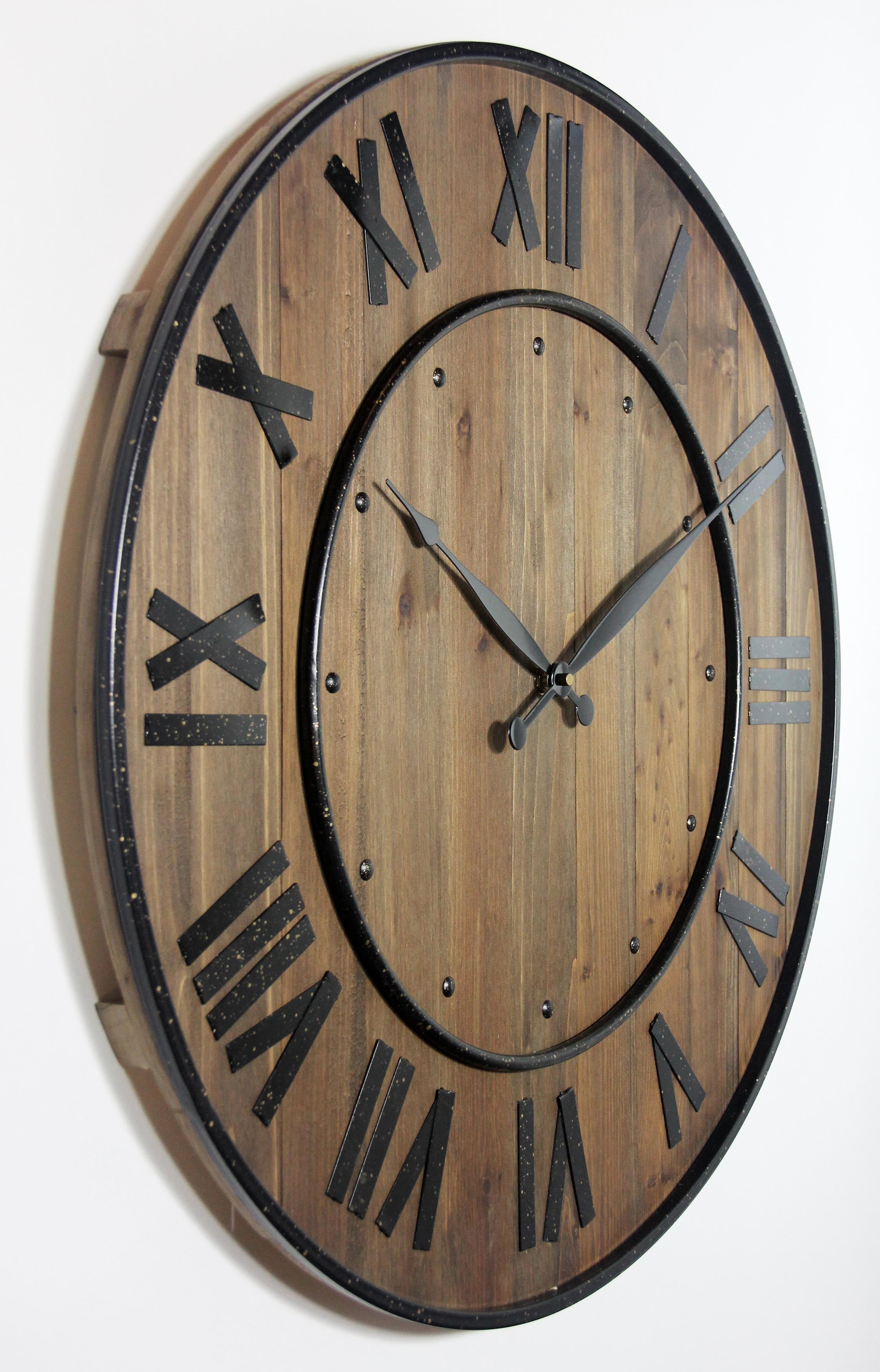 Round Wall Clock Durable Wood Frame Brown Wine Barrel Large Analog
