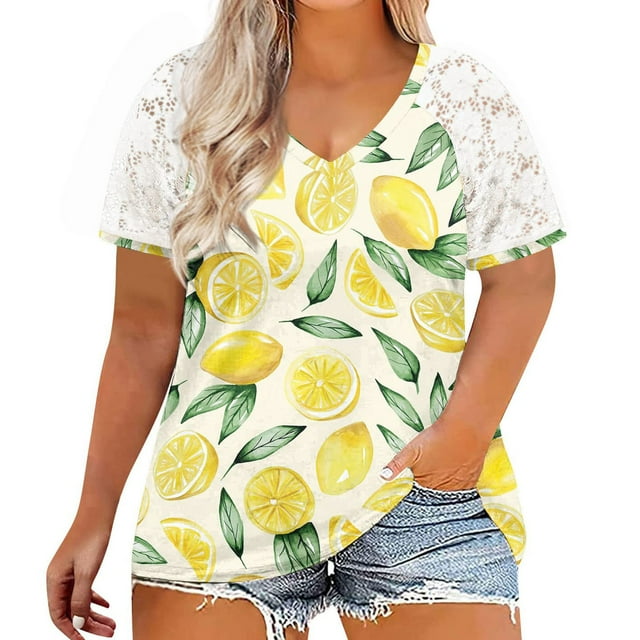 Hauts d'Été Grande Taille pour Femmes Manches Courtes en Dentelle Blouses d'Été Patchwork Imprimé Amples Grande Taille Col en V T-Shirts Manches Courtes Col en V Femmes en Solde