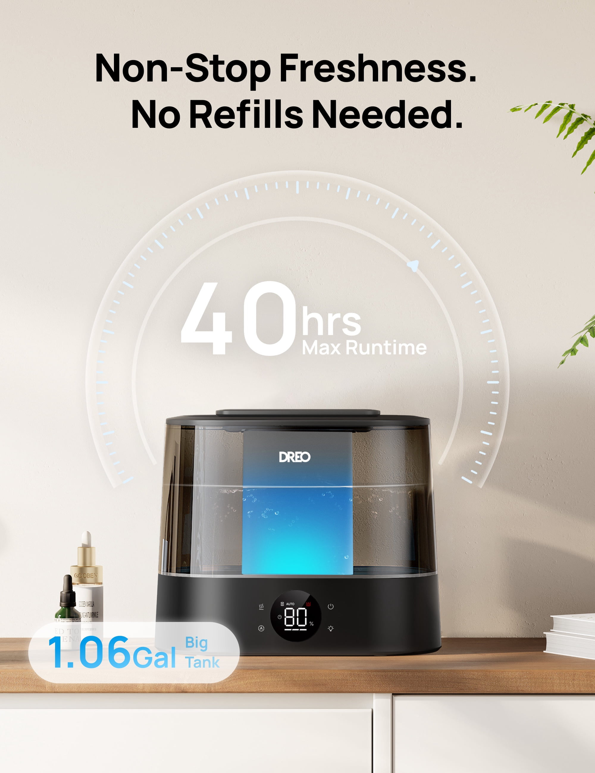 DREO 1.06 gal Cool Mist Humidifier with Night Light for Large Roorm 36H Runtime Top-Fill 28dB Quiet for Bedroom, Black