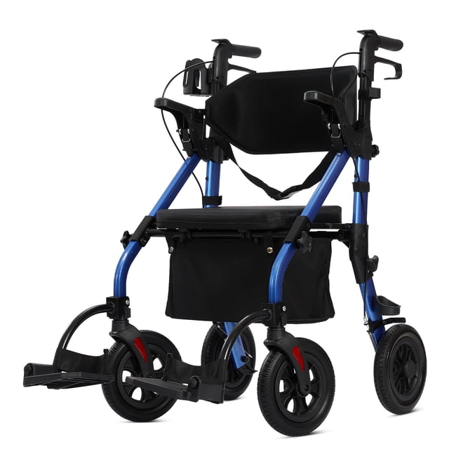 Andador con ruedas todoterreno ELENKER, silla de ruedas de transporte 2 en 1 con asiento acolchado y respaldo ancho, color azul