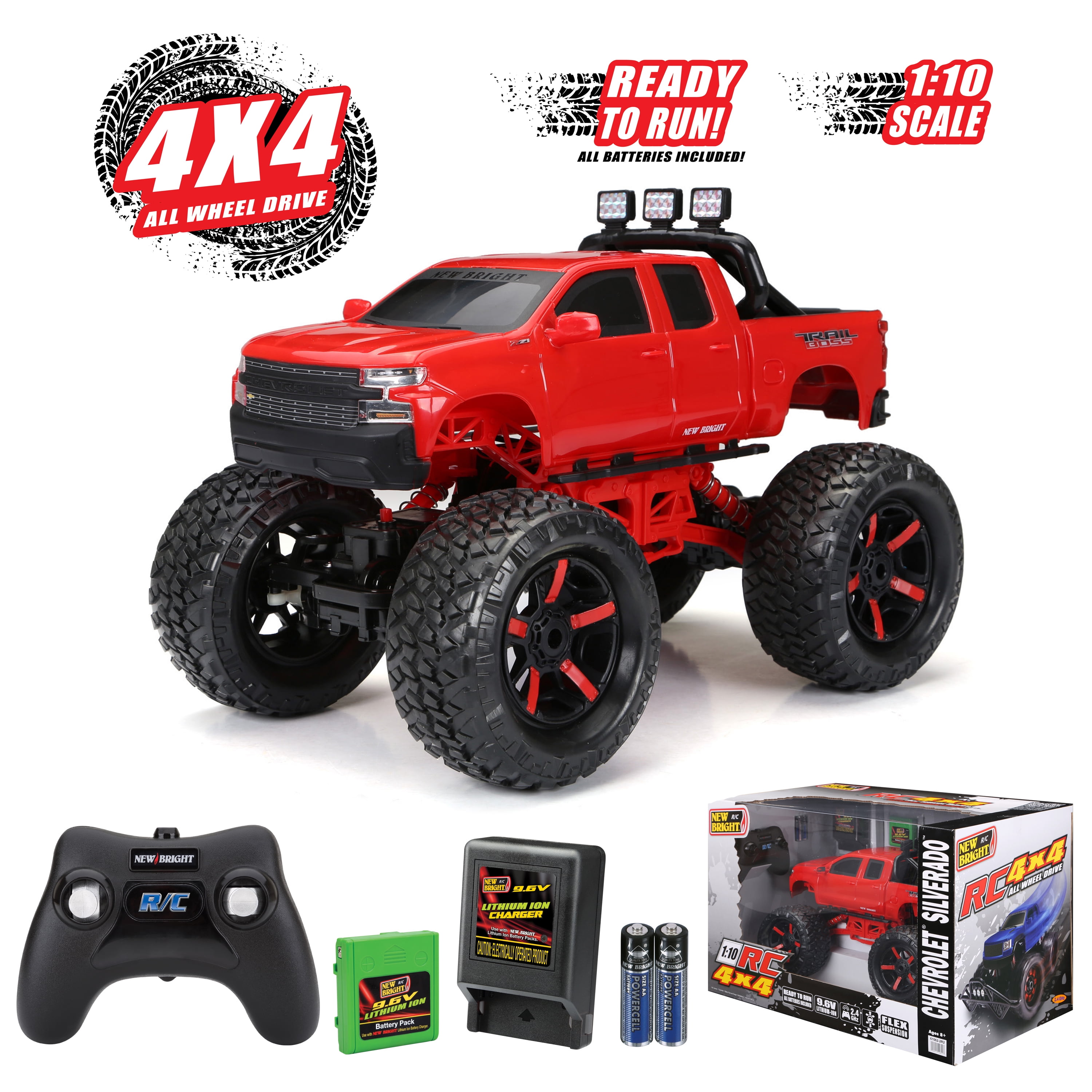 New Bright RC 4x4 1:10 Radio Control Chevy Silverado Pickup Truck - Red 