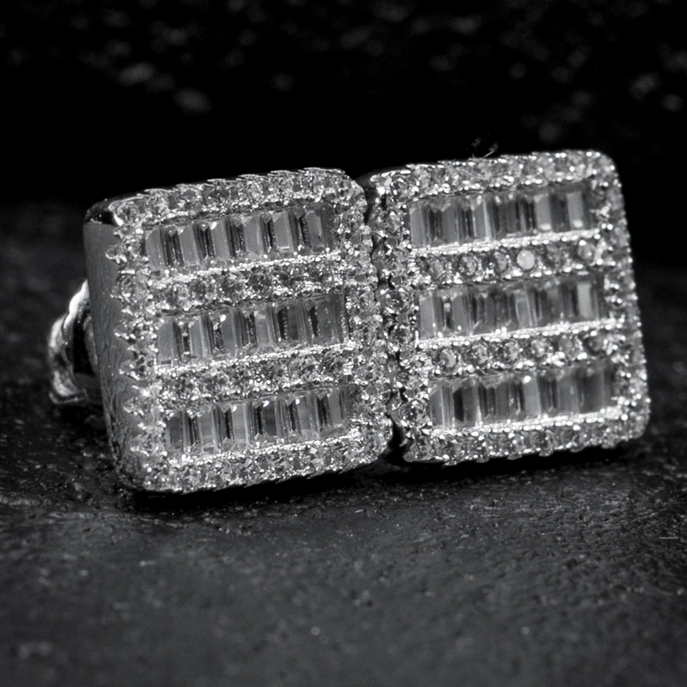 Square 925 Sterling Silver Iced Cz Baguette Hip Hop Screw Back Men's  Stud Earrings