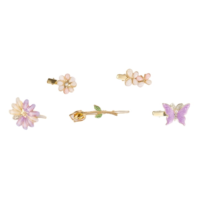 5 Piezas de Clips para el Cabello de Moda con Mariposas y Flores para Niñas en Tono Dorado y Púrpura