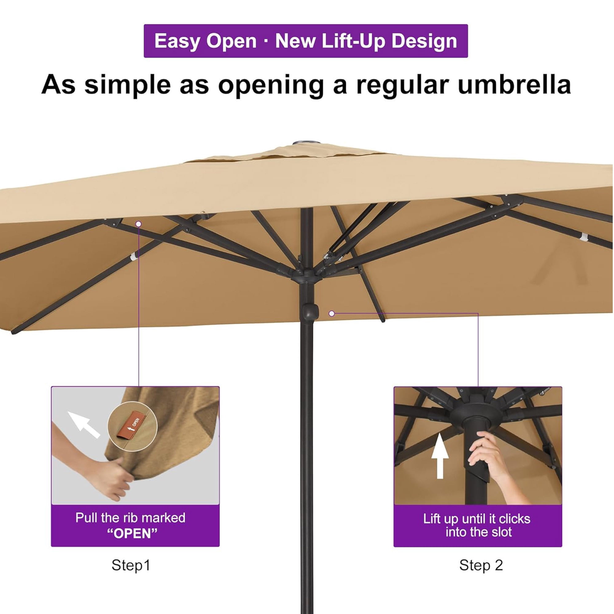 PURPLE LEAF OUTDOOR 8' x 5' Rectangular Semi-Auto Outdoor Patio Umbrella Aluminium Market Umbrella Table Umbrella with 1.89In Rod and 6 Sturdy Ribs for Deck Lawn Pool Garden, Beige