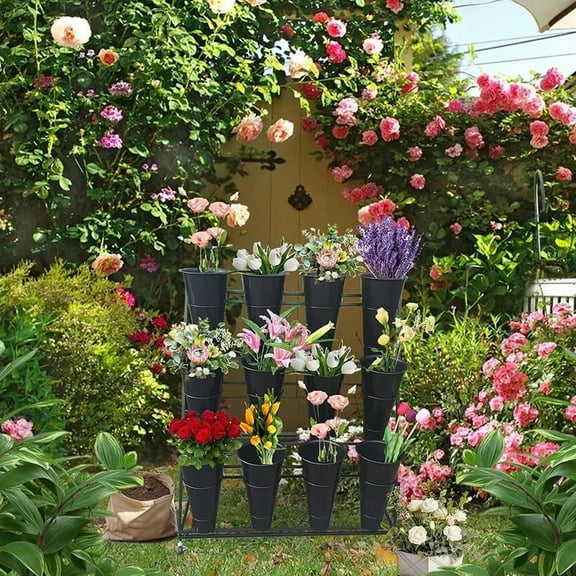 Flower Display Stand with Buckets, Flower Cart 3 Layers Flower Display Stand Metal with Wheels, Modern Plant Stand with 12 Buckets for Patio Garden, Living Room, Florist (White Rack White Bucket)