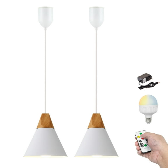 Kiven Battery Operated Modern Pendant Light with Remote, Timer, Dimmable, 2-Light Rechargeable Hanging Pendant Light, Adjustable Height for Corner Decor, Reading,Bedroom, White