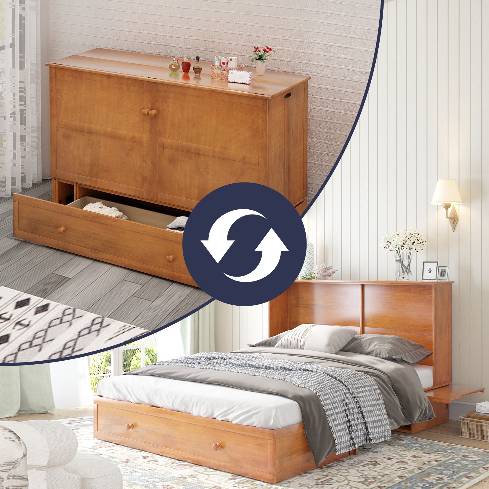 ijuicy Murphy Bed, Cabinet Bed with Trifold Foam Mattress, Queen Size Murphy Cube Cabinet Bed with USB Charging Station and Large Storage Drawers for Bedroom/Office-Cherry