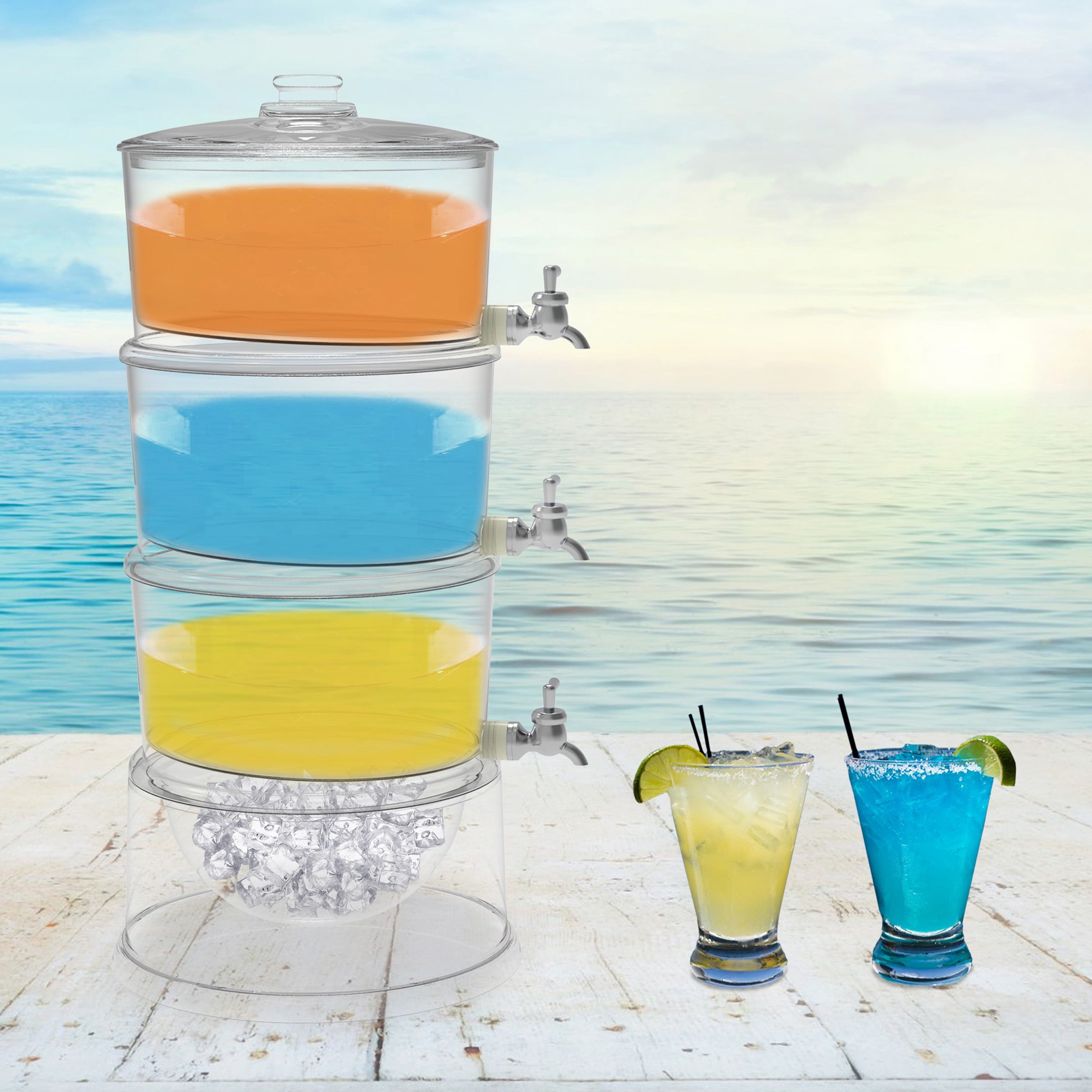 3Tier Beverage DispenserStackable Layers with Spigots & Ice Chilling