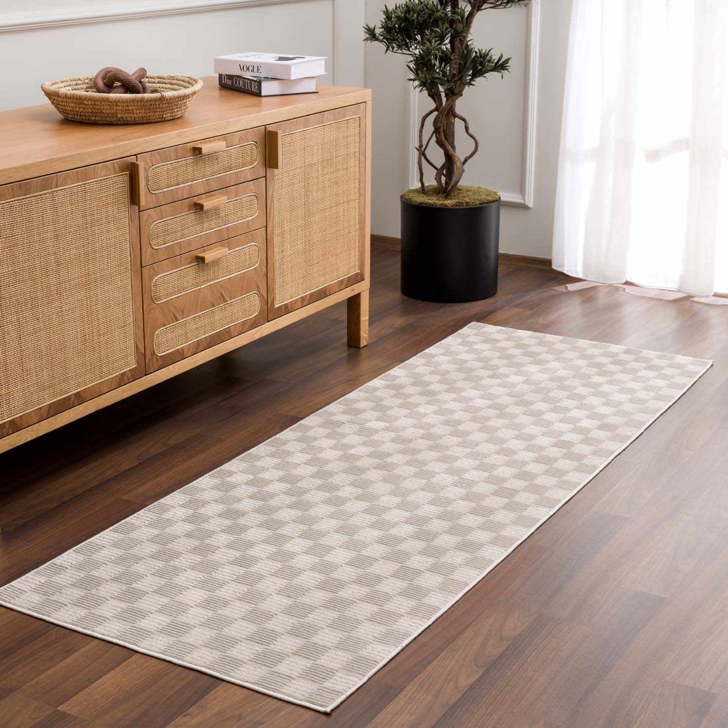 Hauteloom Truls Machine Washable Contemporary Runner Rug - Modern Geometric Checkered Carpet for Hallway, Kitchen - Beige, Cream - 2'7" x 7'3"