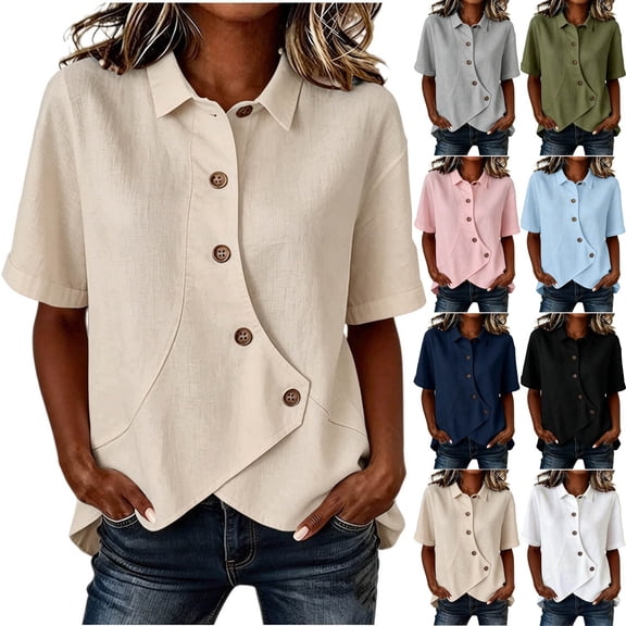YuXingFu Womens Summer Tops Trendy with Sleeves Collared Short Sleeve Flared Tops - Split Hem for Fall White S